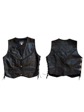 MOB Genuine Leather Biker Western Vest Lace Up Concho Sides Black Snap Front M